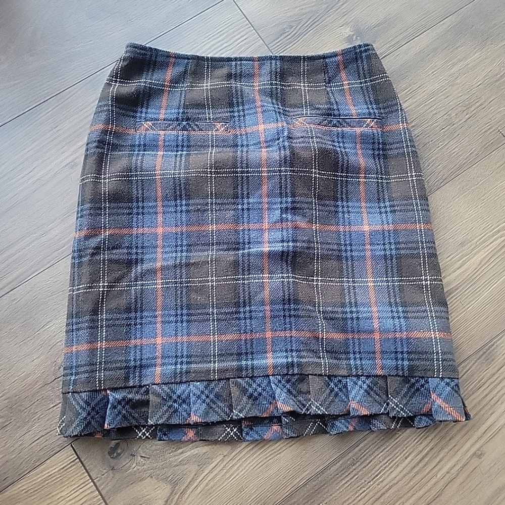 Heritage Plaid Wool Blend Women's Pencil Pleated Skirt Blue & Black, Sz 6